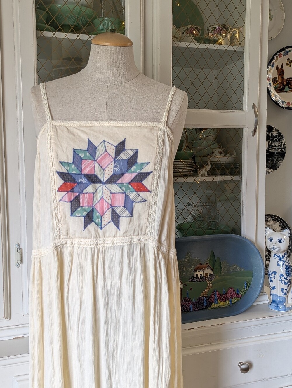 ⭐ UO Alina Embroidered Patchwork Quilted Star Cream Boho Embroidered Maxi Dress - Picture 1 of 16